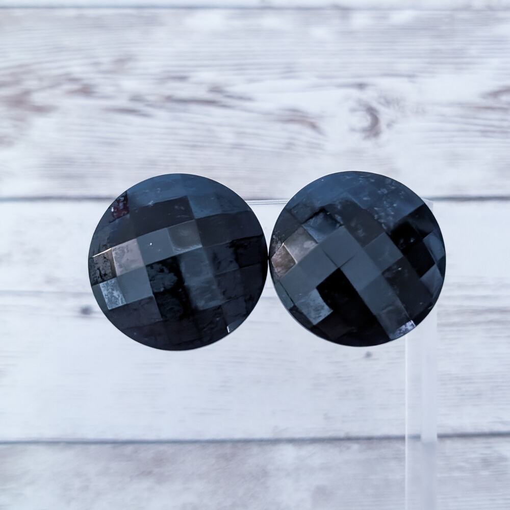 Vintage Clip On Earrings Large Black Faceted 1 & 1/8" - Heavy Marks